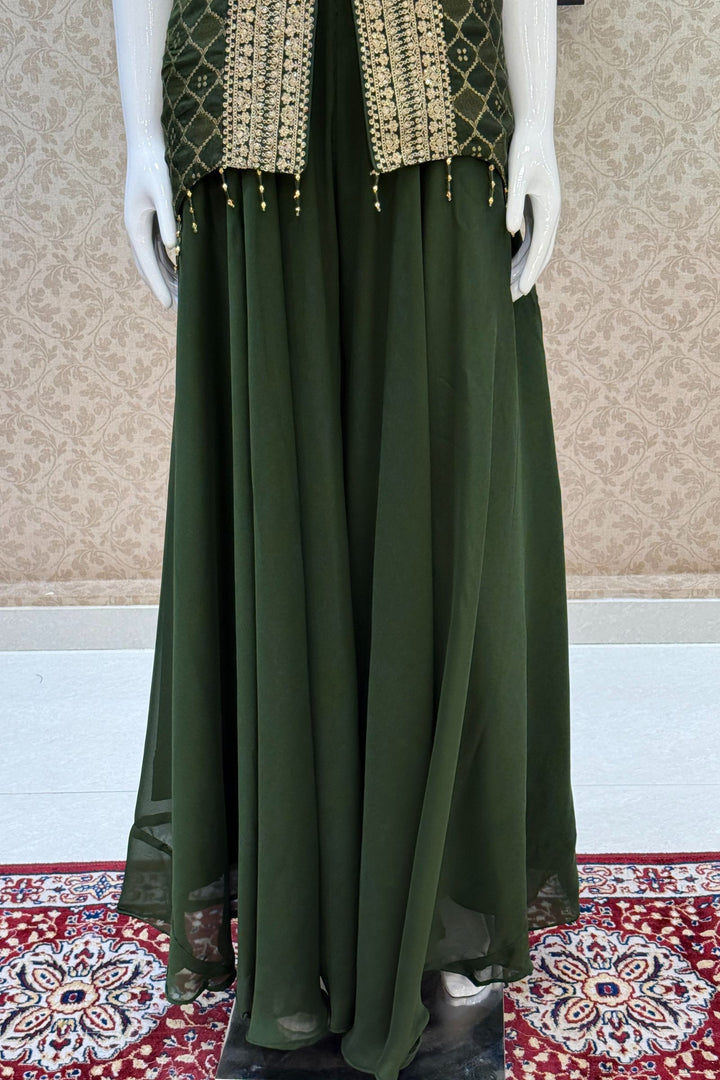 Bottle Green Banaras Zari, Sequins and Zari Thread work Palazzo Suit Set