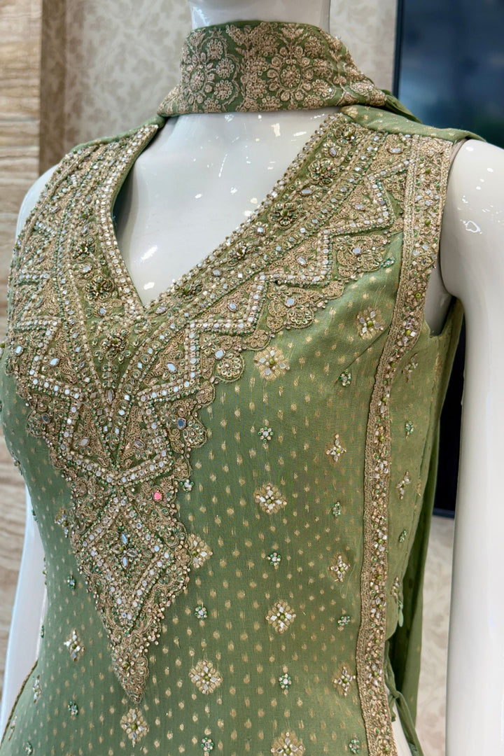 Pista Green Palazzo Salwar Suit with Banaras, Mirror, Zardozi, Zari and Embroidery Detailing