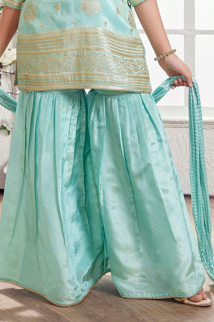 Aqua Blue Zardozi, Beads and Zari work Sharara Suit Set for Girls