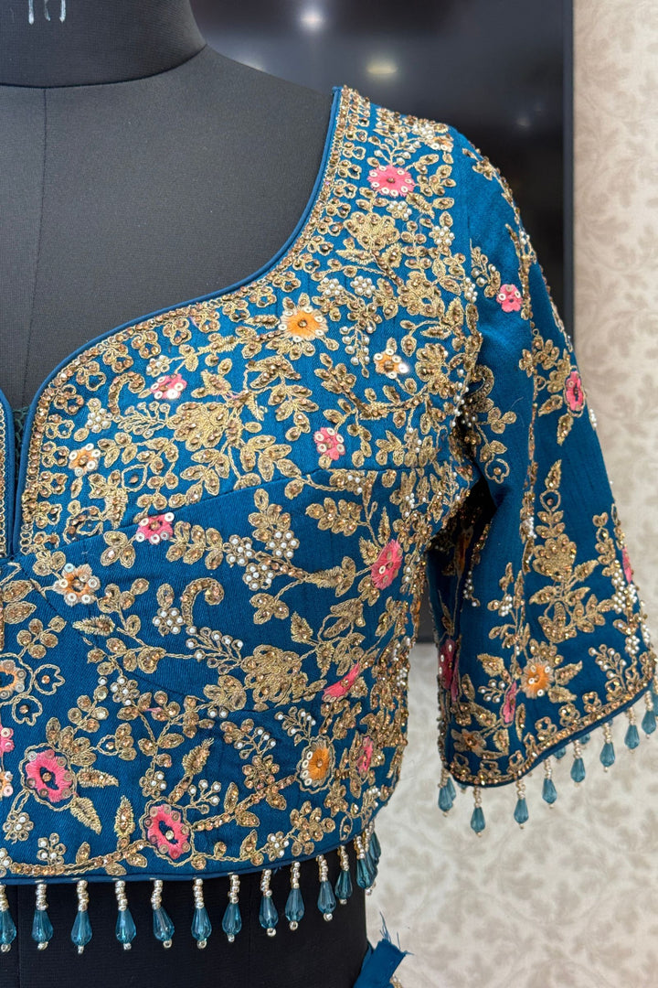 Rama Blue Bridal Lehenga with Pink Dupatta and Stone, Pearl and Zari work work