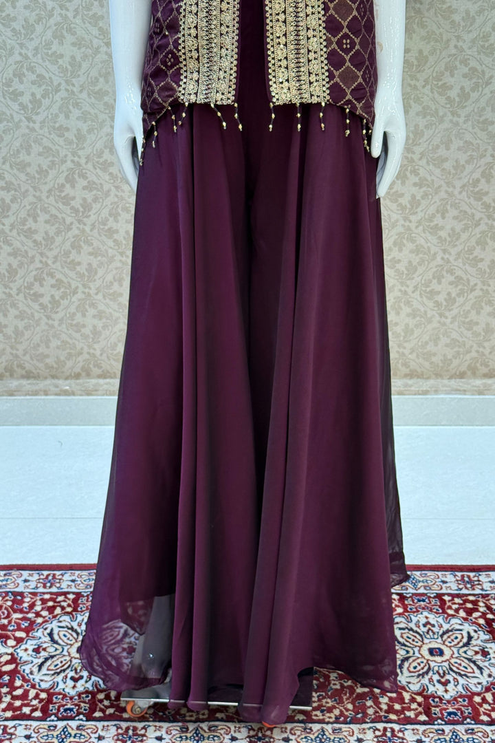 Wine Banaras Zari, Sequins and Zari Thread work Palazzo Suit Set