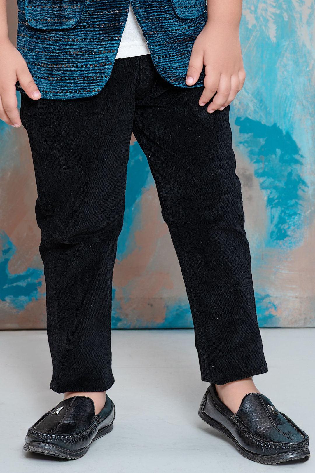 Peacock Green Waist Coat with White T-Shirt and Black Pant Set for Boys