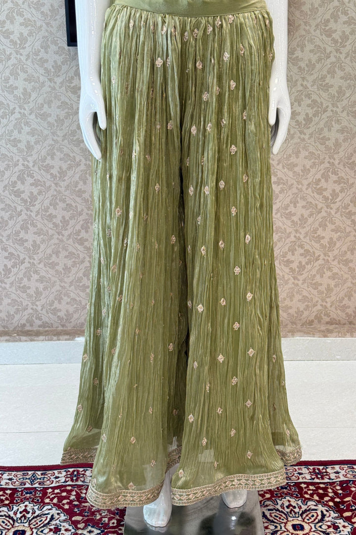 Pista Green Zari Thread, Mirror and Stone work Palazzo Set with Corset Top