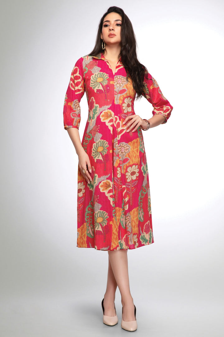 Rani Pink Thread Weaving with Floral Print Anarkali Styled Kurti