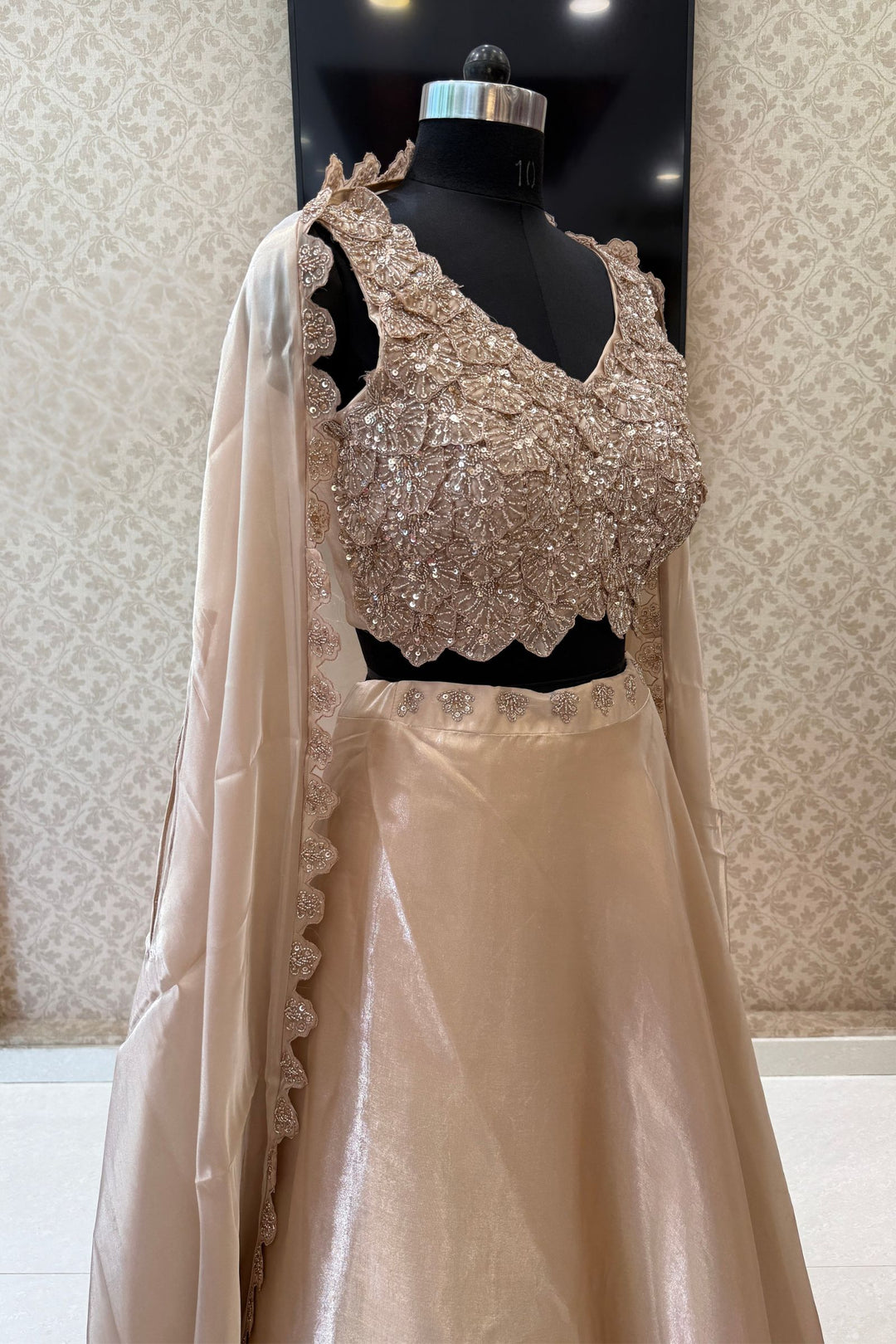 Beige Sequins and Beads work Crop Top Lehenga with Cape
