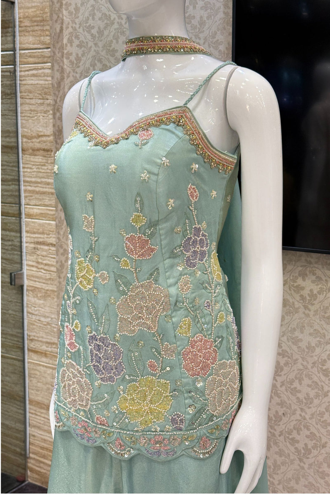 Sea Green Multicolor Thread, Stone, Zardozi, Sequins and Beads work Palazzo Salwar Suit