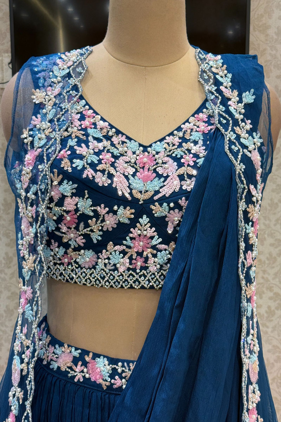 Teal Blue Sequins, Stone and Pearl work Indo-Western Styled Crop Top Lehenga  with Overcoat