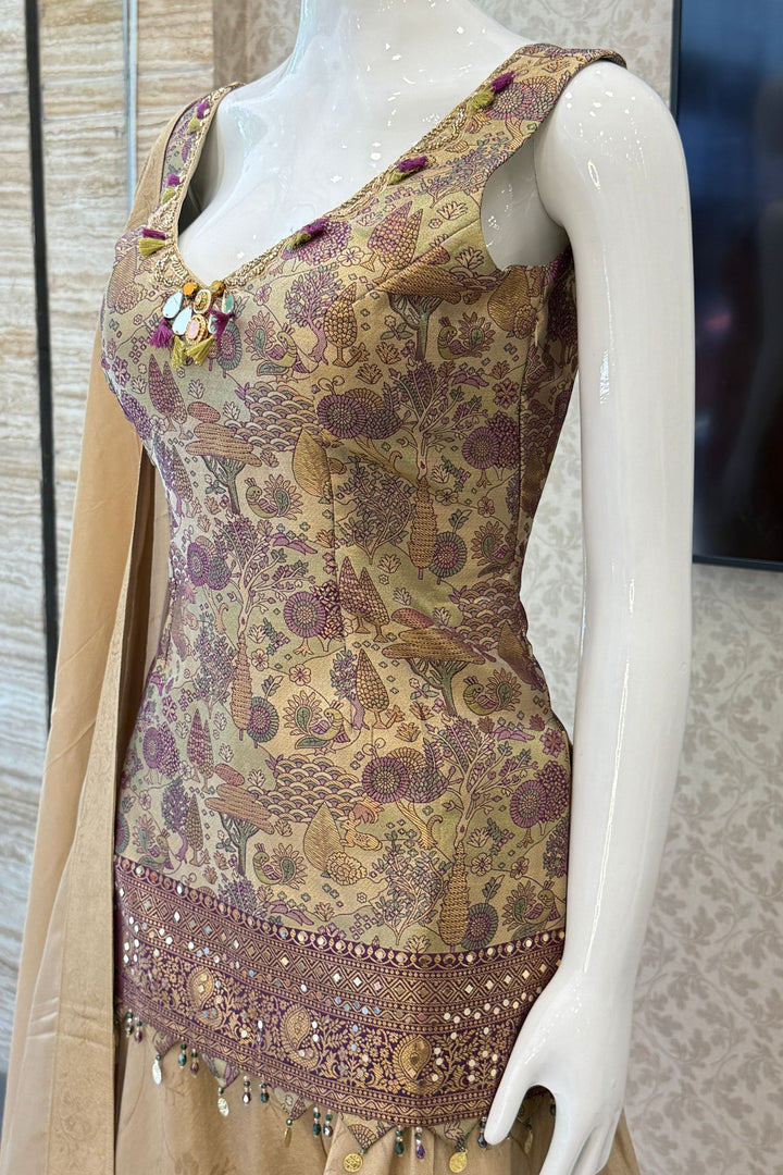 Beige with Purple Banaras work Palazzo Salwar Suit