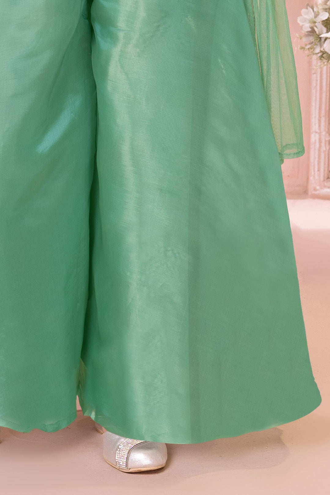 Sea Green Sequins, Beads and Multicolor Embroidery work Palazzo Suit Set for Girls