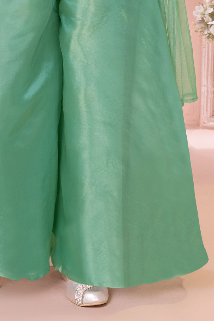 Sea Green Sequins, Beads and Multicolor Embroidery work Palazzo Suit Set for Girls