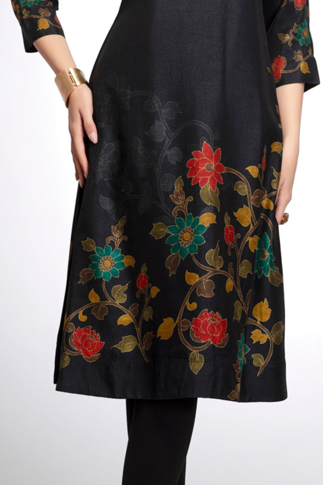 Black Embroidery, Stone and Mirror work with Floral Print Calf Length Kurti