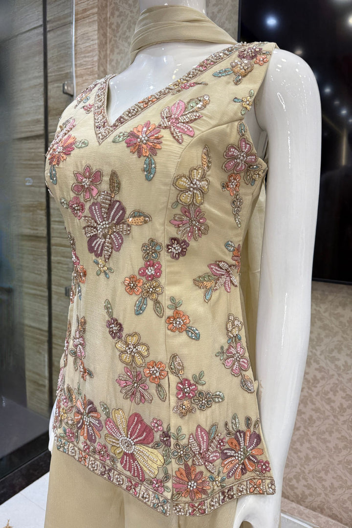Cream Palazzo Set Featuring All-Over Multicolor Embroidery, Beads, Sequins and Zari