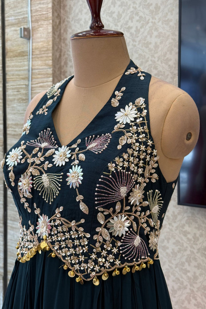 Peacock Green Beads and Zari work Halter Neck Floor Length Anarkali Suit