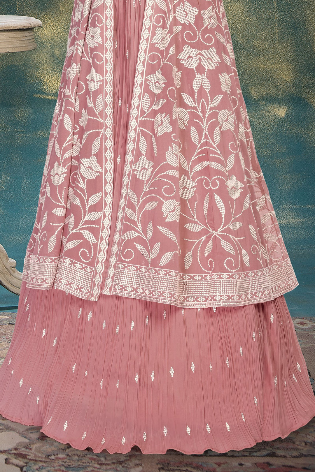 Onion Pink Sequins and Thread work Overcoat Styled Lehenga Choli for Girls