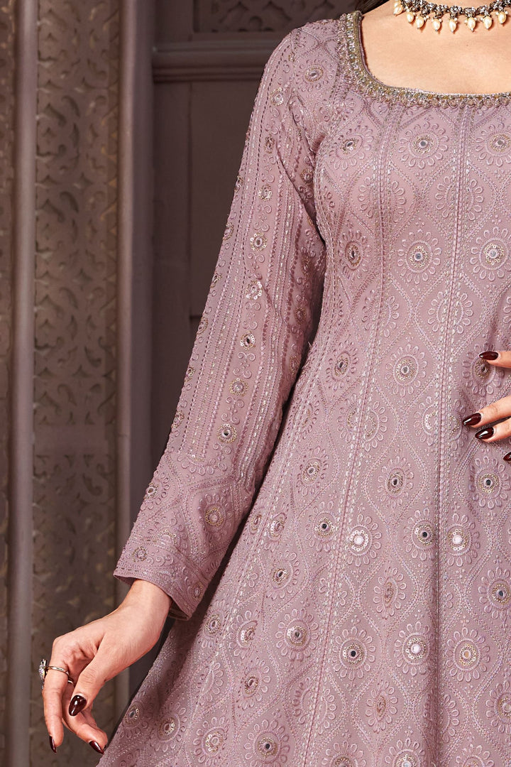 Onion Pink Embroidery, Beads, Mirror, Zardozi and Zari work Floor Length Anarkali Suit