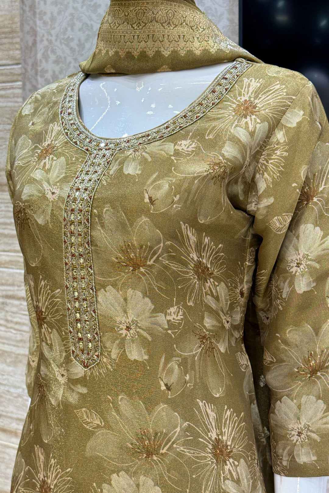 Olive Green Mirror, Zardozi and Banaras work with Floral Print Straight Cut Salwar Suit