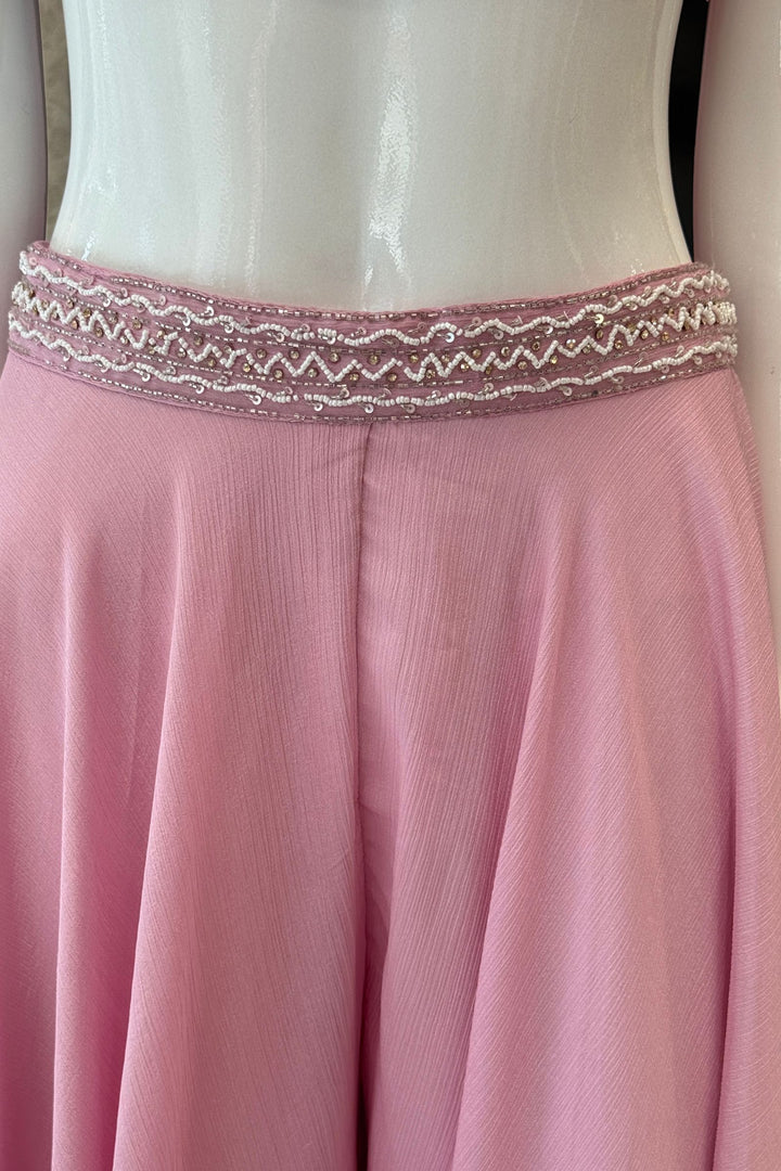Baby Pink Beads and Stone work Indo-Western Palazzo Set with One-Shoulder Top