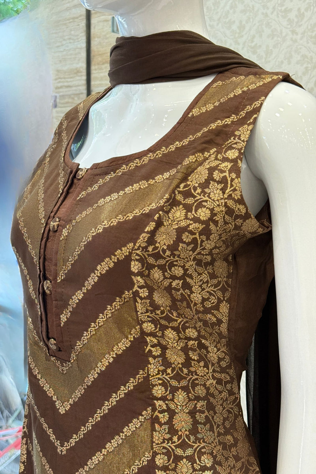 Brown Banaras work Straight Cut Salwar Suit