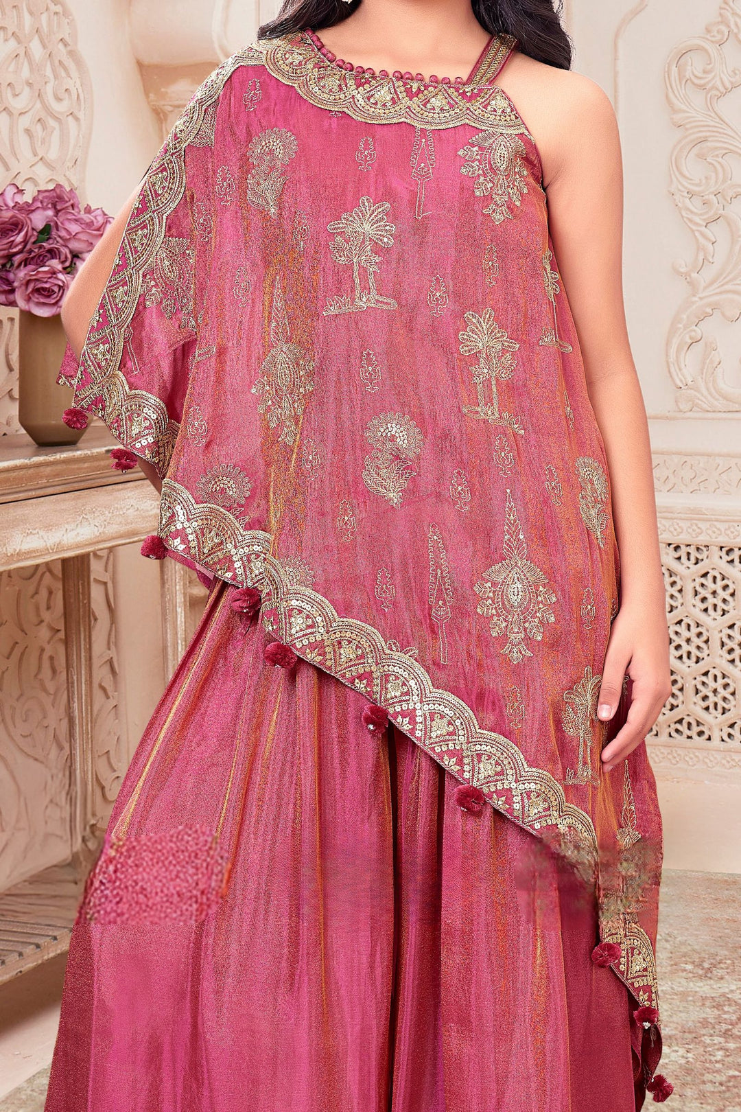 Rose Pink Sequins and Zari work Poncho Palazzo Set for Girls