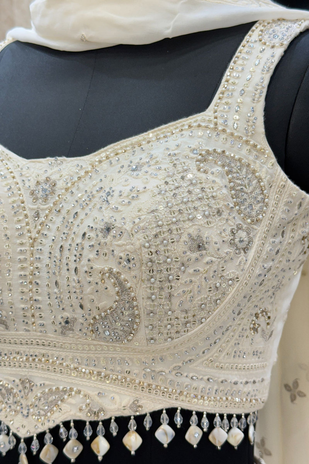 Cream Stone, Pearls, Zari, Sequins, Mirror, Beads and Embroidery work Crop Top Lehenga