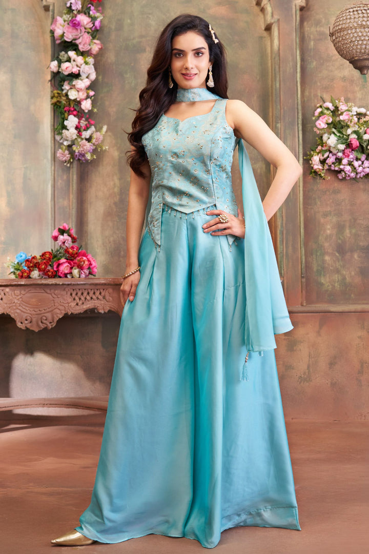 Firozi Blue Banaras, Stone and Beads work Palazzo Suit Set