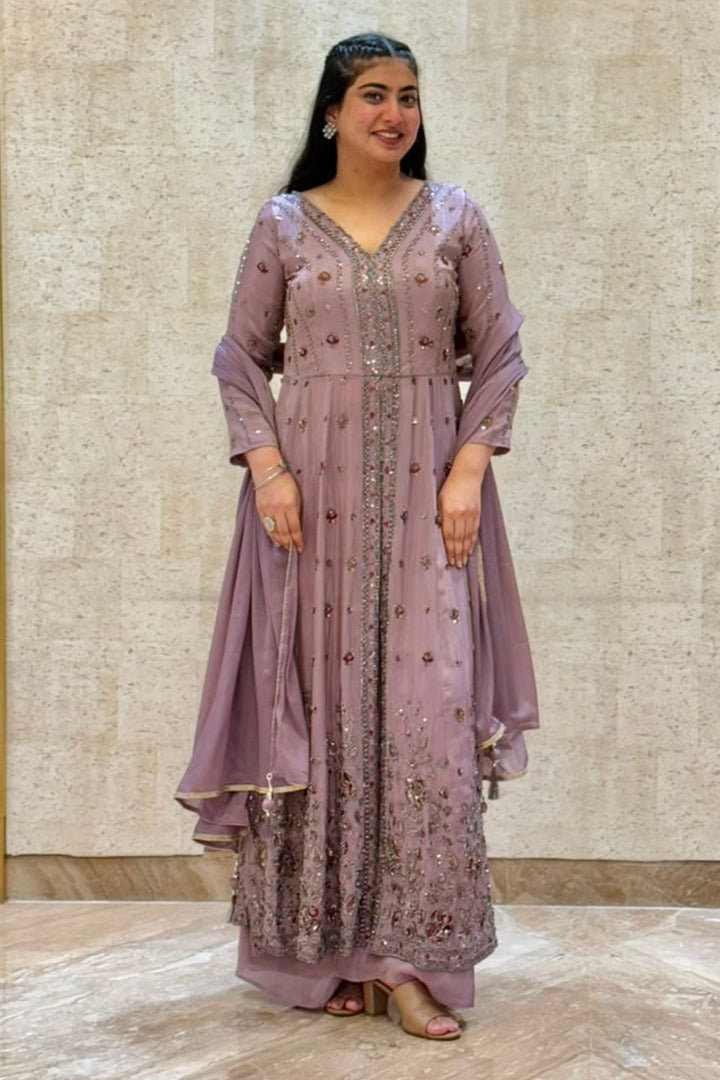Lilac Beads, Sequins and Thread work Long Top with Palazzo