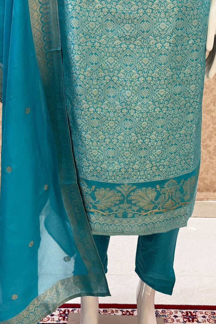 Firozi Blue Jacquard, Beads, Zardozi, Mirror and Sequins work Straight Cut Salwar Suit