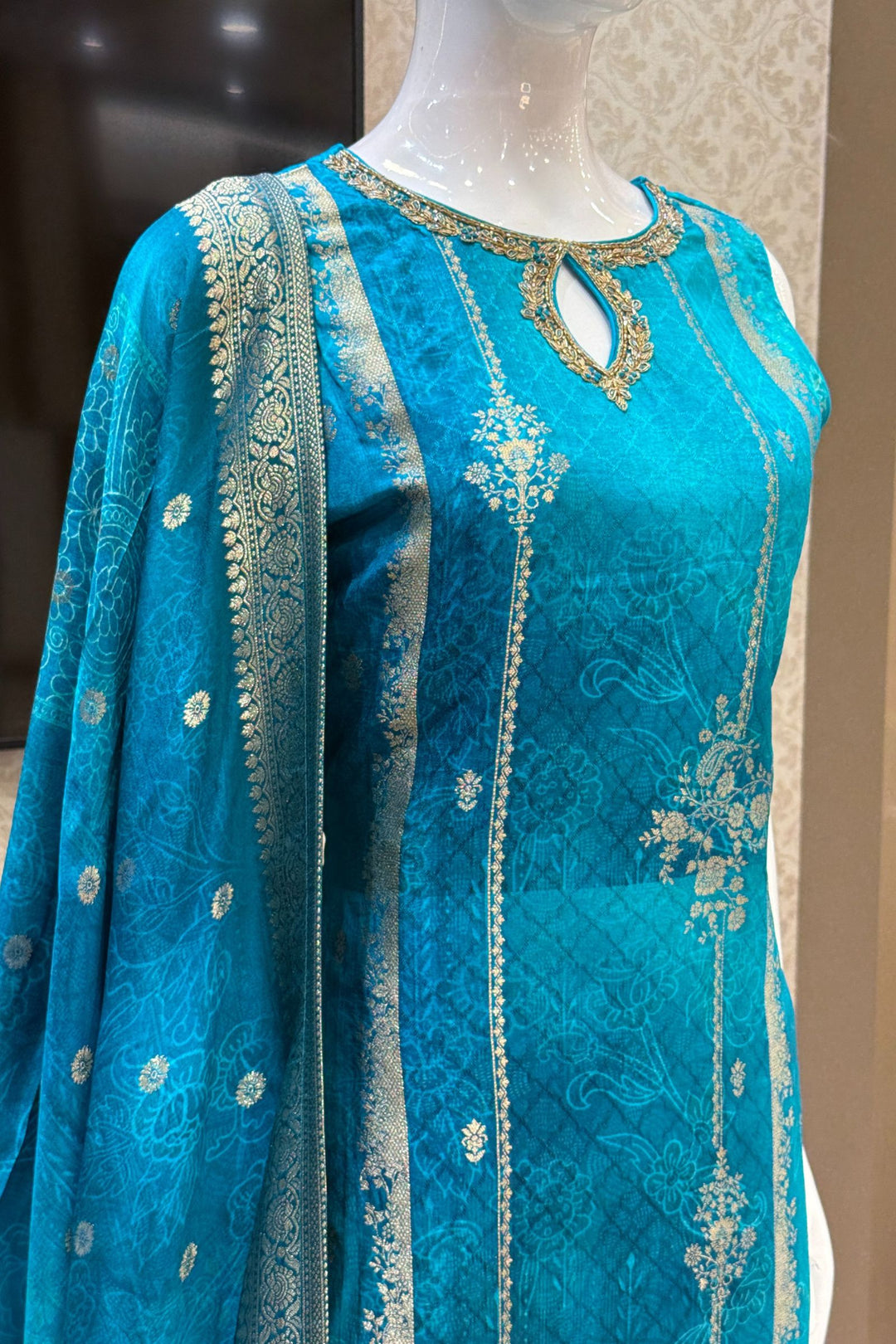 Rama Blue Banaras, Zardozi, Beads, Stone and Zari work Straight Cut Salwar Suit