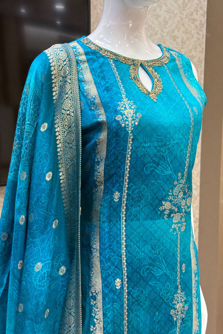 Rama Blue Banaras, Zardozi, Beads, Stone and Zari work Straight Cut Salwar Suit