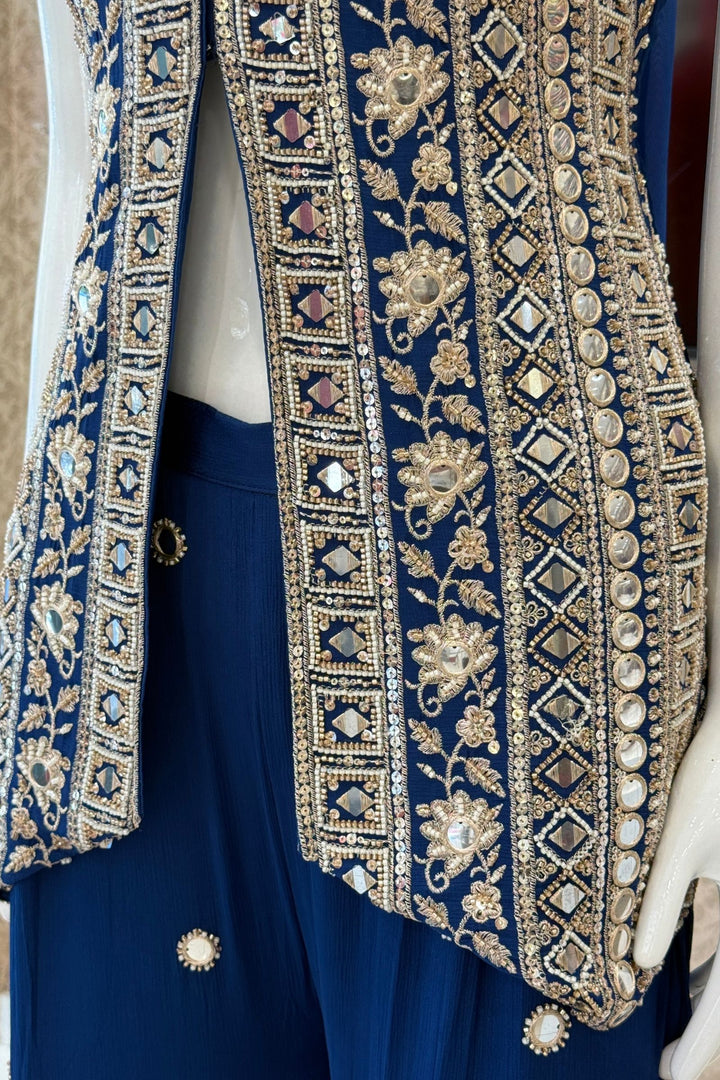 Teal Blue Mirror, Beads, Sequins and Zari work Palazzo Salwar Suit