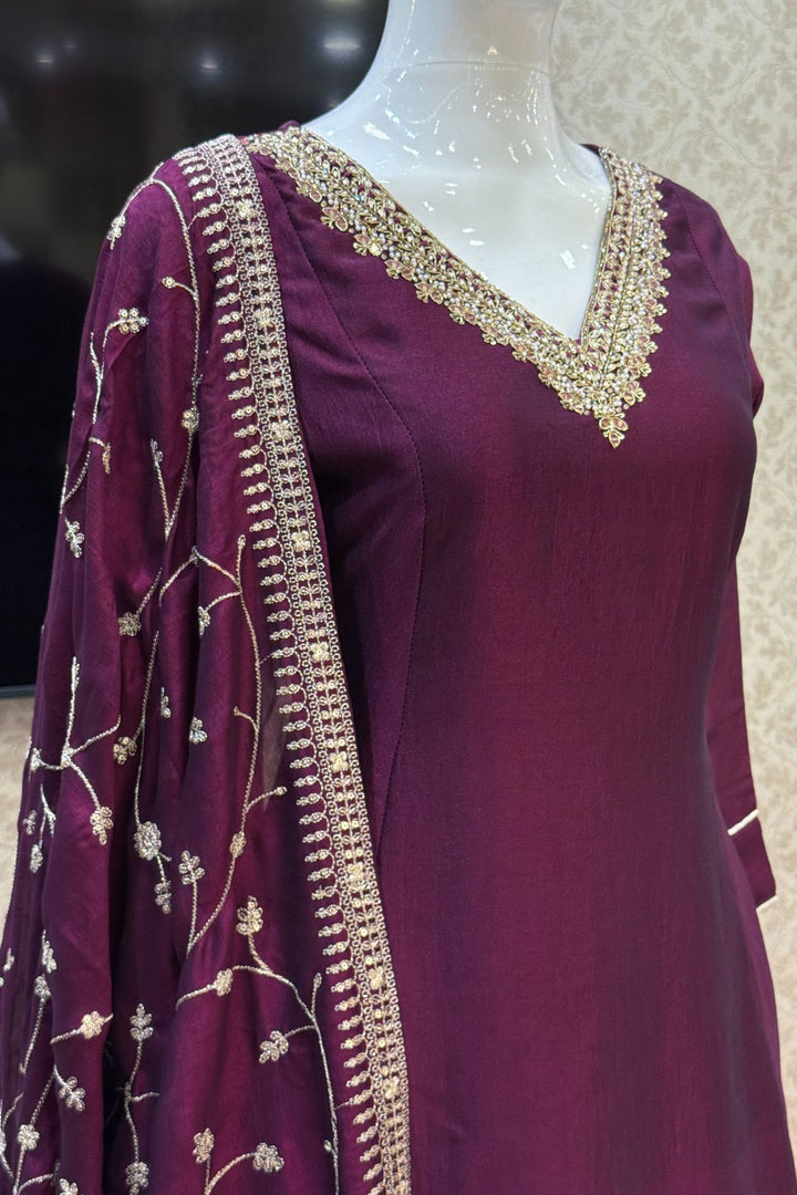 Wine Beads, Pearl, Zardozi, Stone, Zari and Sequins work Aline Cut Salwar Suit