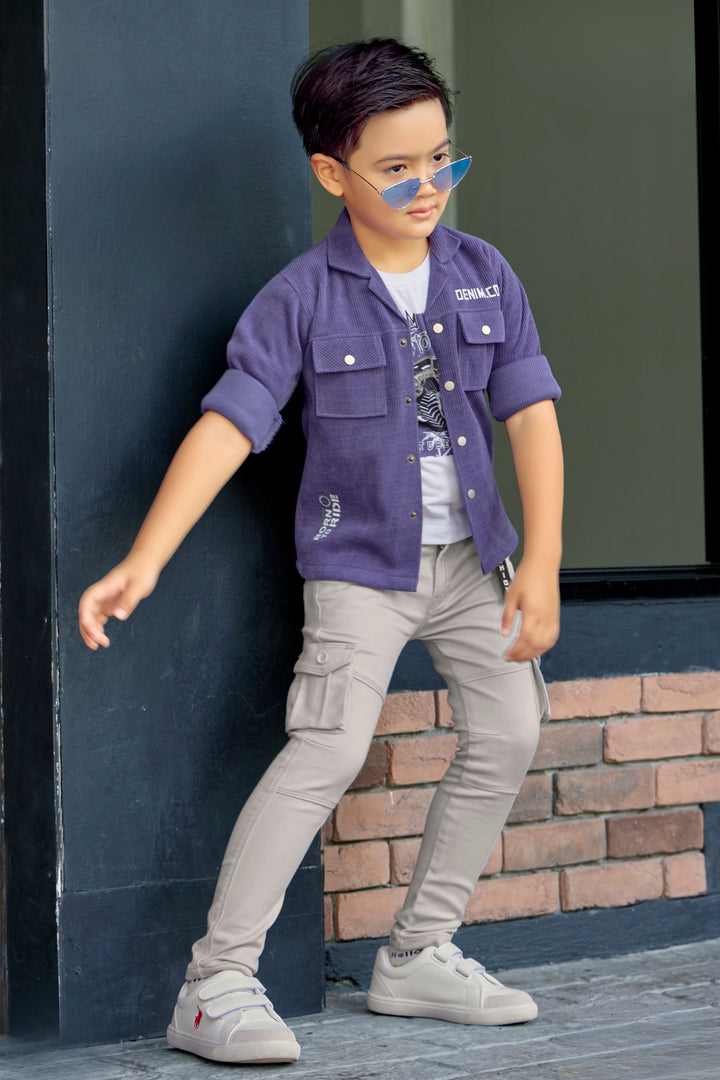 Purple with White Printed Blazer, T-Shirt and Grey Pant Set for Boys with Belt