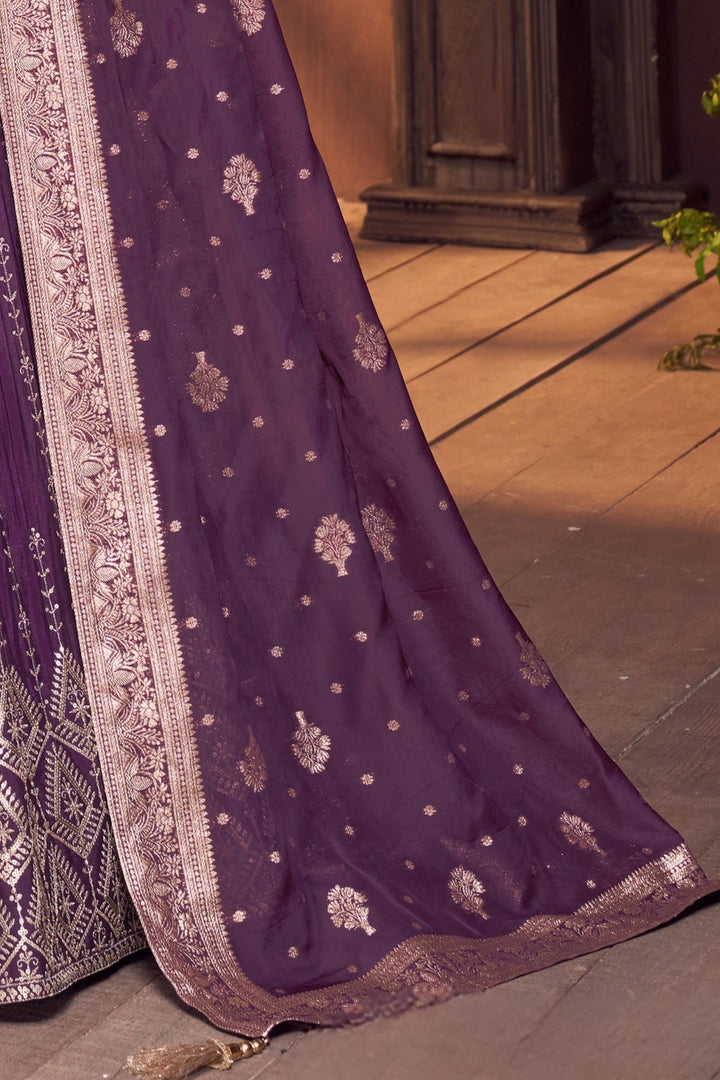 Purple Stone, Beads, Sequins and Zari work Crop Top Lehenga