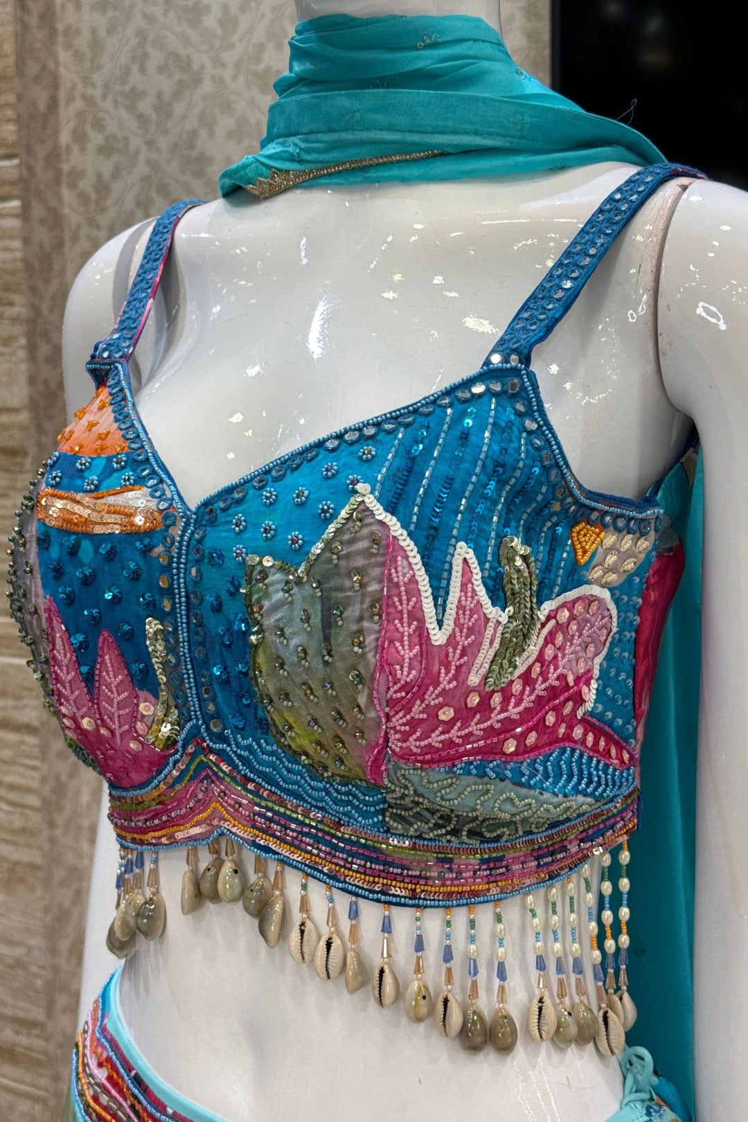 Blue Sequins and Beads work with Floral Print Lehenga