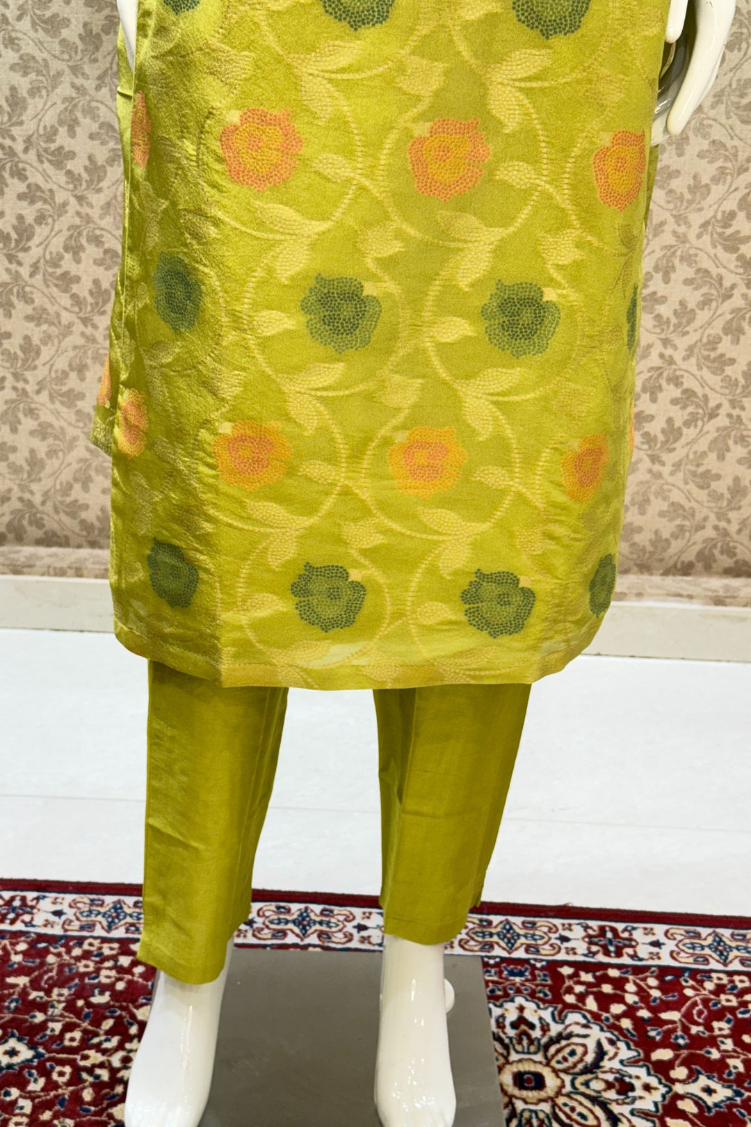 Lemon Green Jacquard, Sequins, Zari, Thread and Beads work Straight Cut Salwar Suit