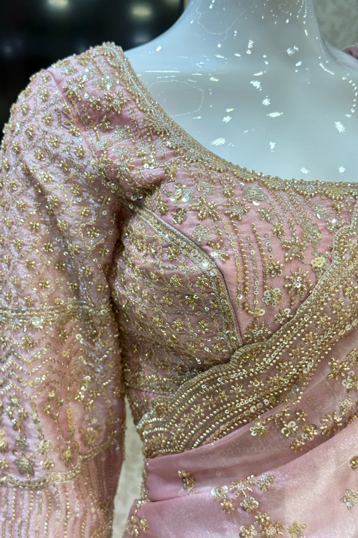 Rose Pink Zari, Beads and Sequins work Saree