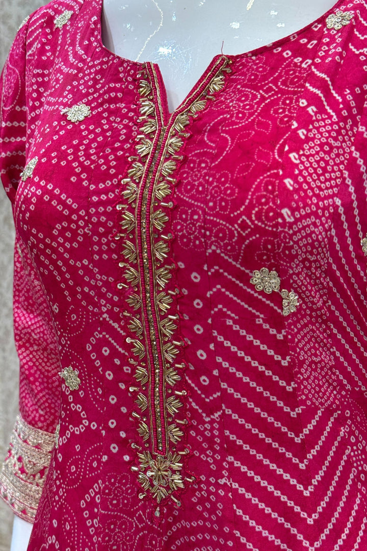 Rani Pink Zardozi, Stone, Sequins and Zari work with Bandini Print Anarkali Style Salwar
