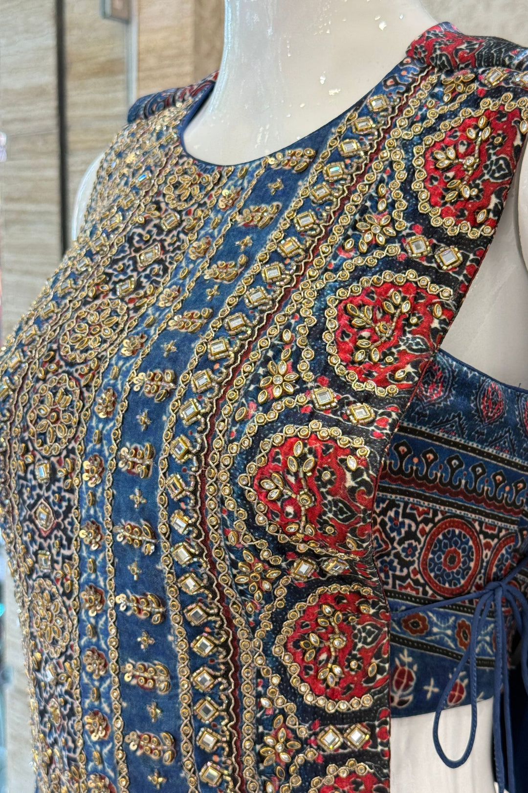 Indigo Blue Indo-Western Styled Ajrak Print, Kundan, Zardozi and Beads work Palazzo Set