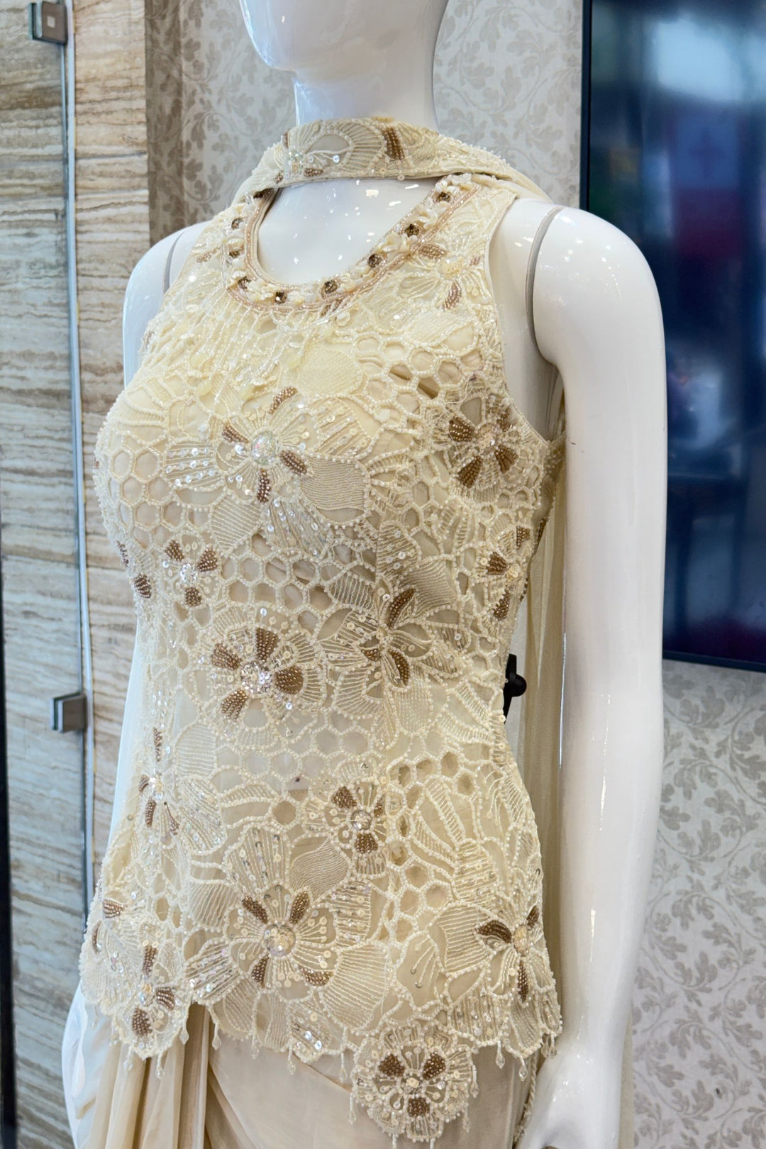 Cream Indo-Western Styled Beads, Sequins and Thread work Top and Cowl Skirt