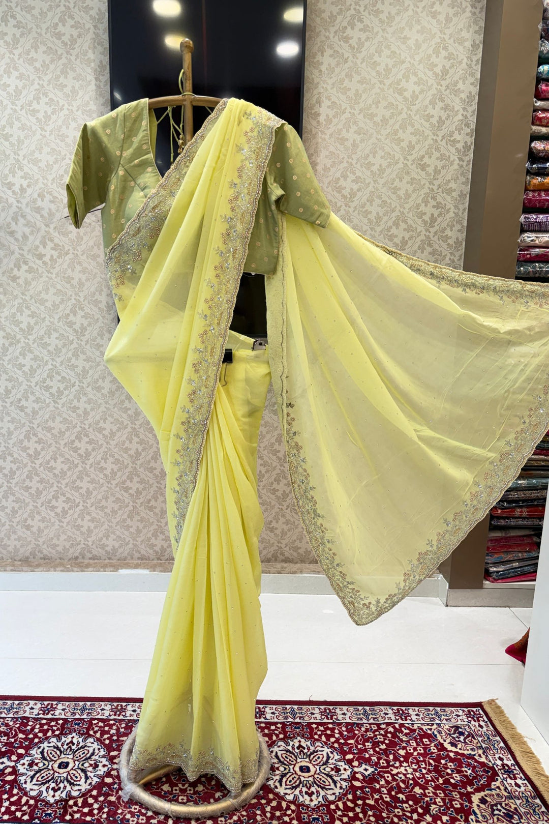 Lemon Yellow Saree with Intricate Sequin and Beaded Embroidered Border