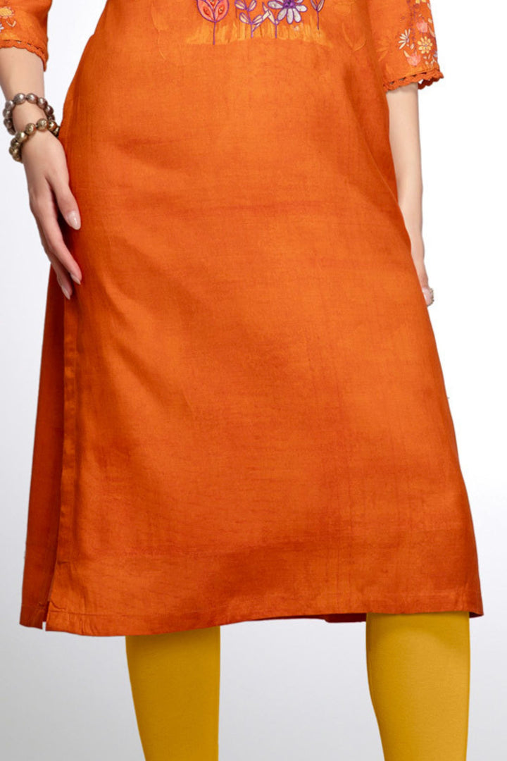 Orange Zari and Thread work with Floral Print Calf Length Kurti