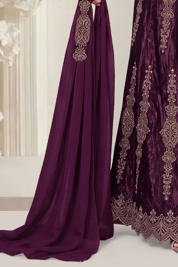 Wine Stone and Zari work Palazzo Suit Set for Girls