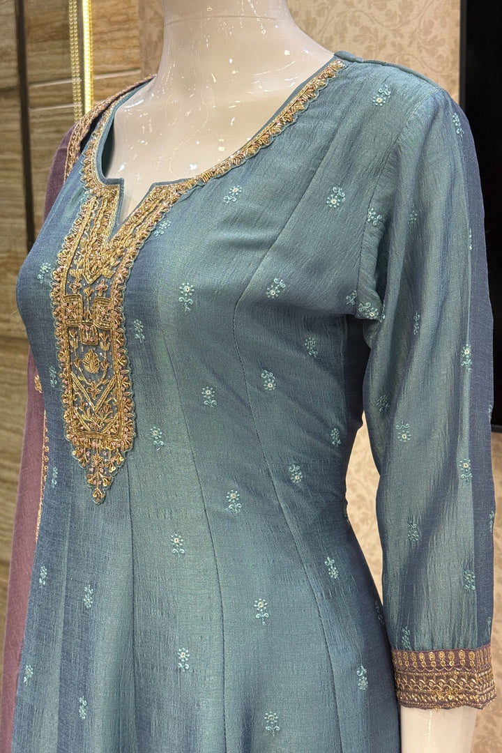 Greenish Blue Beads, Zardozi, Thread, Sequins, Stone and Zari work A-line Cut Salwar Suit