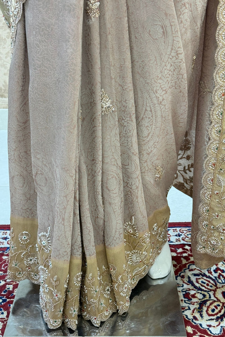 Onion Pink Banaras, Beads, Sequins and Zari work Saree