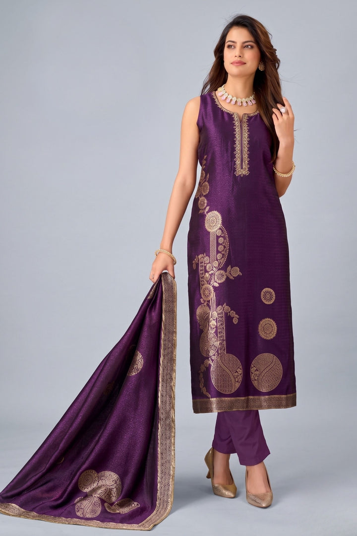 Purple Zardozi, Stone, Mirror, Zari and Banaras work Straight Cut Salwar Suit