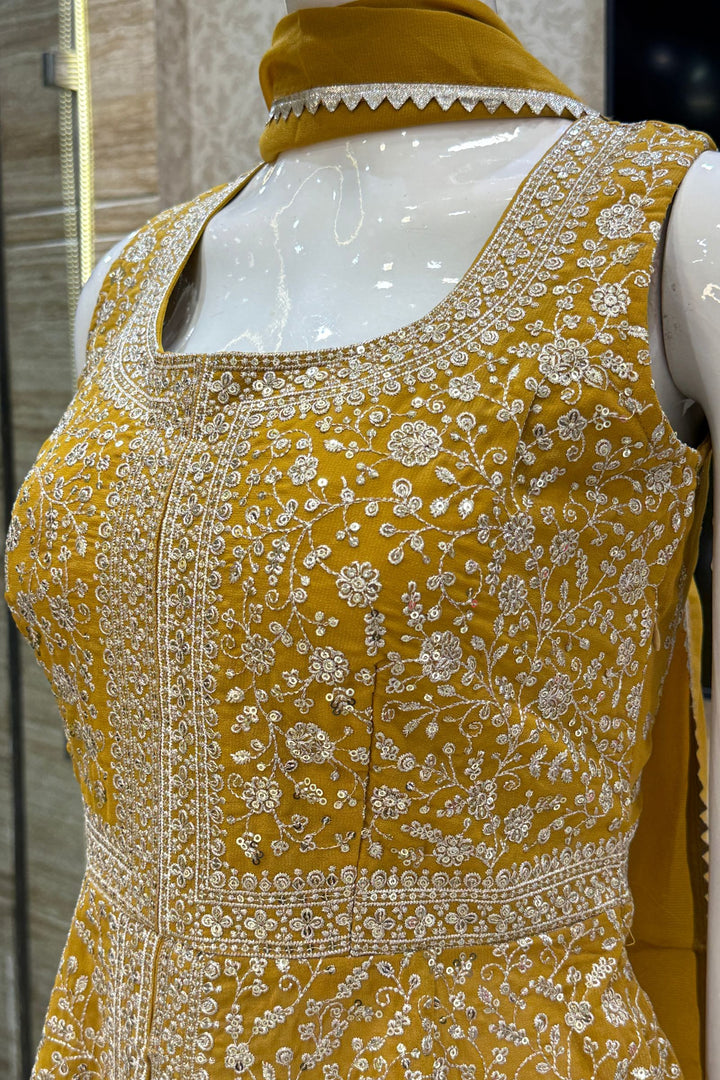 Mustard Silver Zari and Sequins work Peplum Top with Palazzo Suit Set