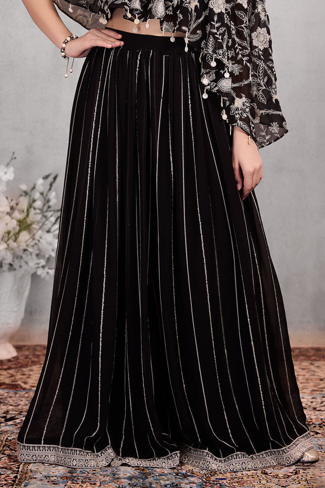 Black Sequins, Thread and Beads work Kaftan Styled Palazzo Set For Girls