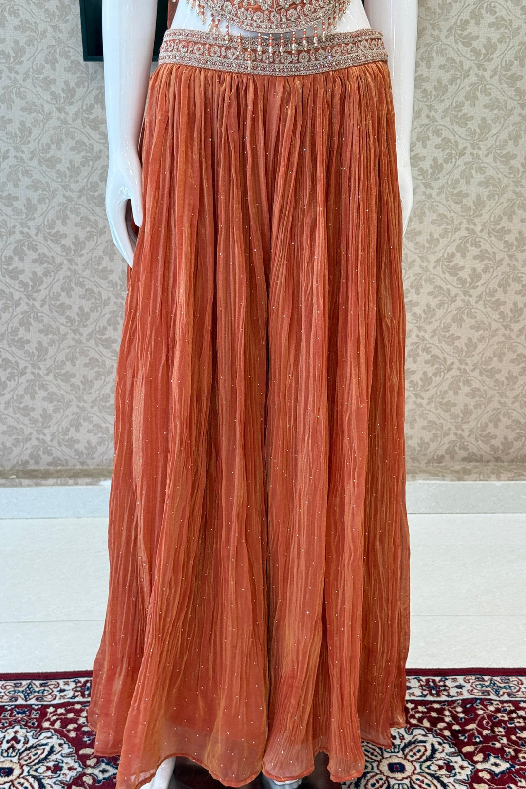 Rust Zari Thread, Stone and Beads work Palazzo Set with Corset Top