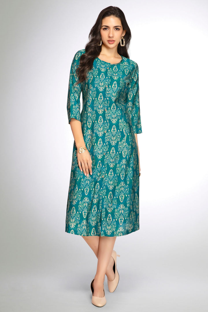 Rama Blue Digital Print A-line Cut Calf Length Kurti