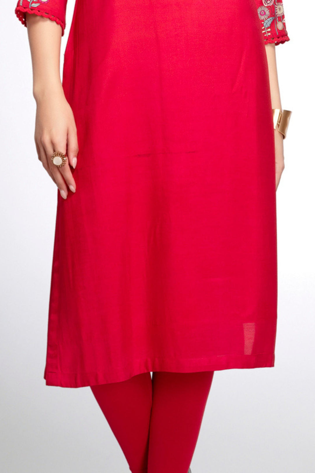 Tomato Red Mirror, Stone, Zari and Thread work with Digital Print Calf Length Kurti